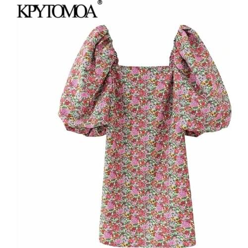 KPYTOMOA Women 2020 Chic Fashion With Lining Floral Print Mini Dress Vintage Puff Sleeve Back Zipper Female Dresses Vestidos