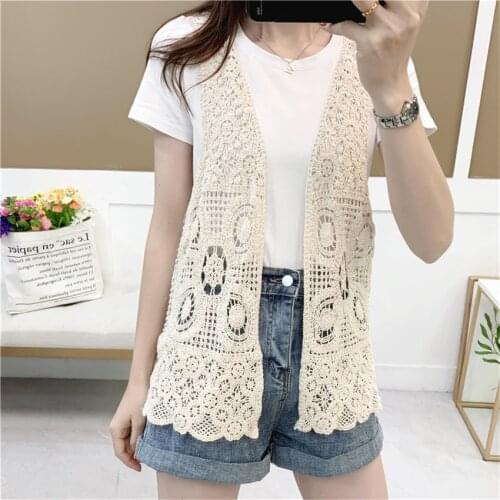 Summer Sexy Hollow Out Lace Top Vest Sleeveless Waistcoat Women Crochet Tops Open Stitch Cardigan Boho Beach Chalecos Para Mujer