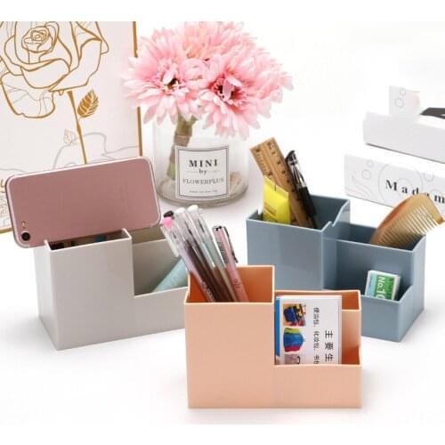 Multi-function Desktop Pen Holder Office School Storage Case Colorful Plastic Box Desk Pen Pencil Organizer Mobile Phone Bracket
