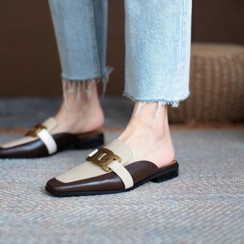 Concise Women Mules Genuine Leather Sling- Back Heels Slippers for Women Spring Newest 2021 Working Casual Shoes Woman