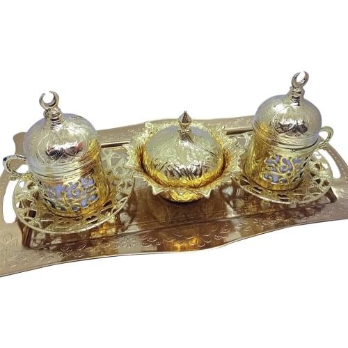 Gold Color Turkish Arabic Coffee Espresso Cups Set with Serving Tray