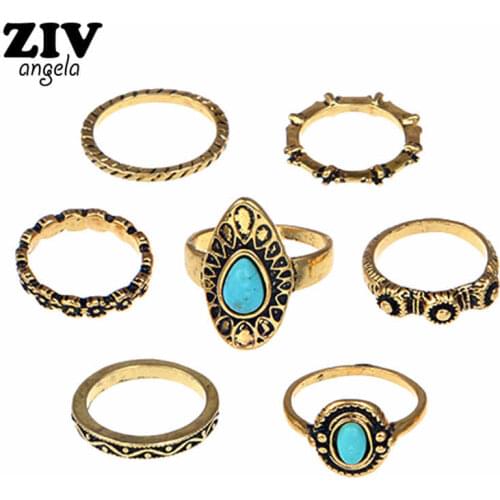 Turkish Ring Retro Ring Set 7 PCS Finger Ring for Women Etched Faux Stone Ring Set