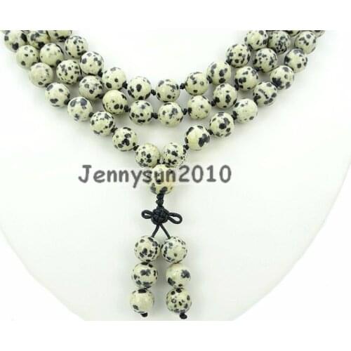 Natural Dalmation Spot 10mm Gems Stone Buddhist 108 Beads Prayer Mala Knot Necklace Multi-Purpose 5Strands/Pack