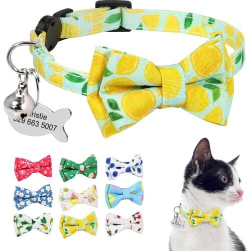 Cute Printed Quick Release Cat Kitten Collar Nylon Custom Engraved Puppy Dog ID Tag Collars With Bell Bowknot For Small Cats