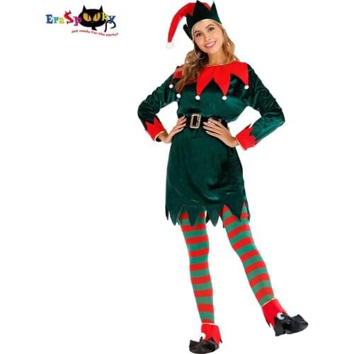 Eraspooky Deluxe Santa Claus Cosplay Dress Green Christmas Elf Costume For Women Adult Xmas New Year Party Hat Stocking