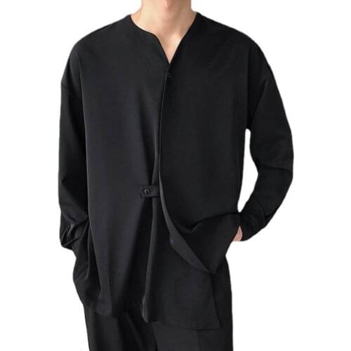 Autumn Men Shirt Solid Color Quick Drying V Neck Tops Long Sleeve Cardigan Loose Irregular Shirt Streetwear