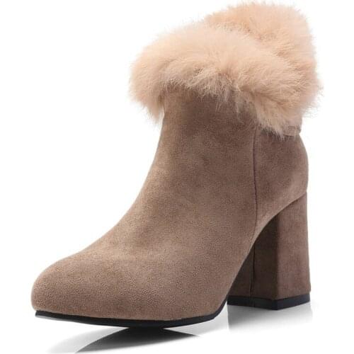 Big Size Coarse-heeled gray rabbit-hair boots with side zipper and fur-wool snowy boots