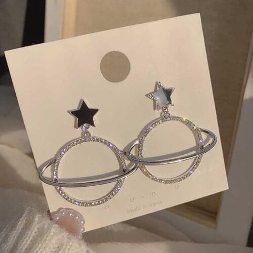 Sterling Silver Bright Star And Moon Series Rhinestone Planet Earrings Ladies Fashion Dripping Personalized Earrings