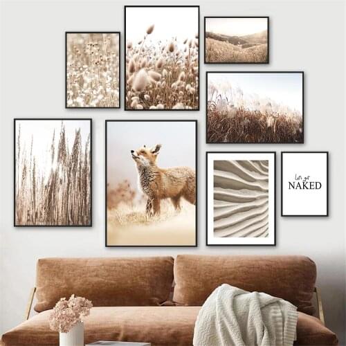 Nordic Plant Autumn Landscape Art Canvas Painting Fox Reed Grass Posters Desert Wall Art Print Pictures Living Room Home Decor