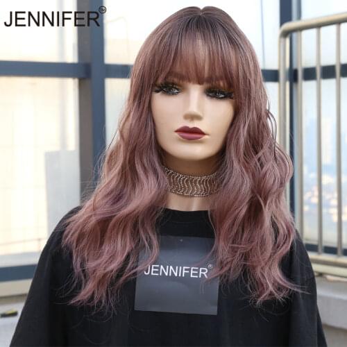 Synthetic Wigs for Women with Bangs medium Wavy Wig High Temperature Fiber Blue/Pink/Brown 3 color Cosplay/Party/Daily Wigs