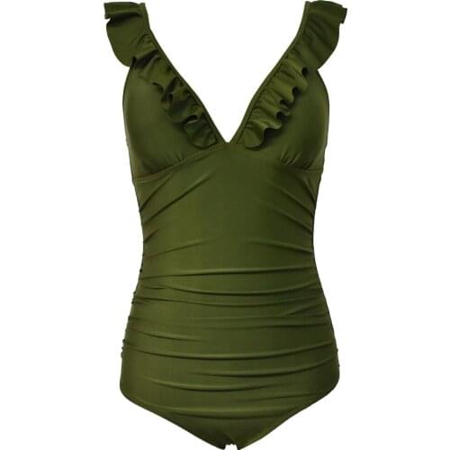 VECENEY Falbala Flounce Ruffles at Front One Piece Swimsuit Monokini Swimsuit, Green
