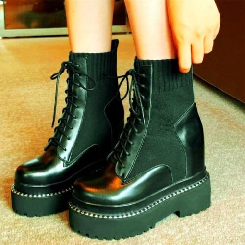 Platform Pumps Womens Genuine Leather Ankle Boots Wedge High Heels Punk Goth Oxfords Creepers Lace Up Shoes 35 36 37 38 39