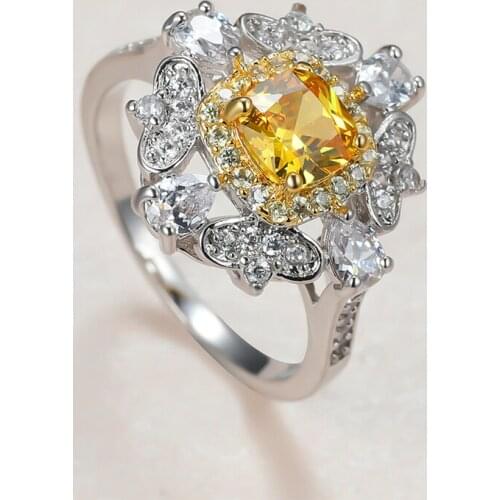 Yellow Crystal Zircon Ring Square Stone Flower Rings For Women Wedding Jewelry Vintage Fashion Silver Color Engagement Ring Gift