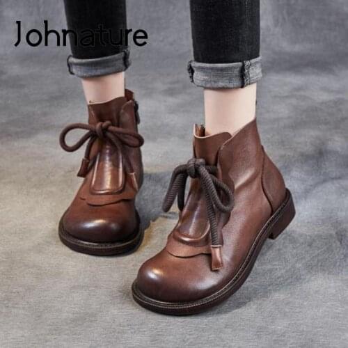 Johnature Winter Shoes Women Boots Genuine Leather Zip Round Toe 2020 New Sewing Handmade Retro Leisure Concise Platform Boots