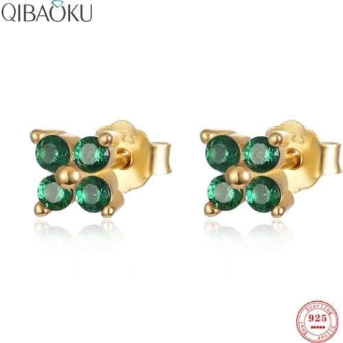 S925 Sterling Silver Earrings Four Green Zircon Mini Stud Earrings Cute Simple Small Gold Ear Jewelry for Women Gift