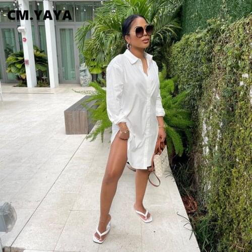 CM.YAYA Women Midi Dress Solid Single Breasted Straight Loose Dresses Casual Fashion Office Lady Vestidos Autumn Outfits 2021