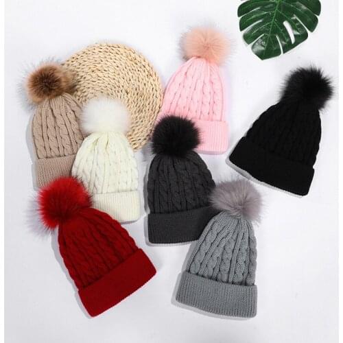 Winter Cotton Knitted Beanies For Women Soft Thick Fleece Lined Dual Layer Beanie With Faux Fur Pom Pom Keep Warm Outdoor Hats