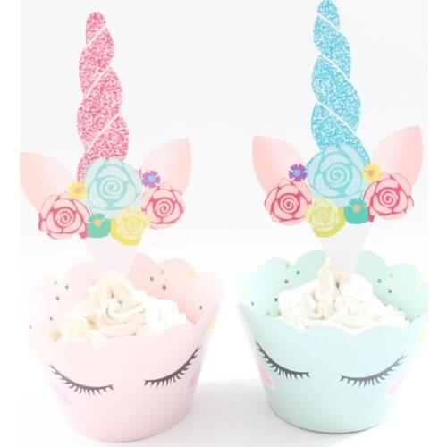 24Pcs/set Unicorn Rainbow Cake Toppers +Cupcake Wrappers Birthday Party Cake Decoration Baby Shower Unicorn Party Supplies