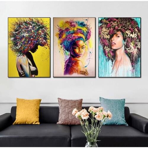 Abstract African Girl Portrait Afro Hair Canvas Prints Wall Art Graffiti Watercolour Poster Painting Picture For Living Room