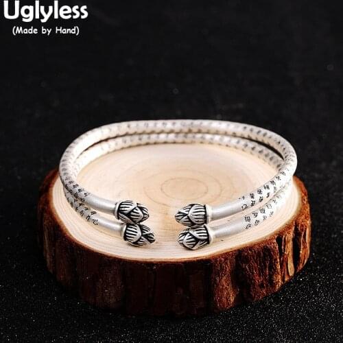 Uglyless 1 Piece Genuine 999 Pure Silver Lotus Buds Open Bangles for Women Heart Sutra Buddhism Dress Bangle Thai Silver Jewelry