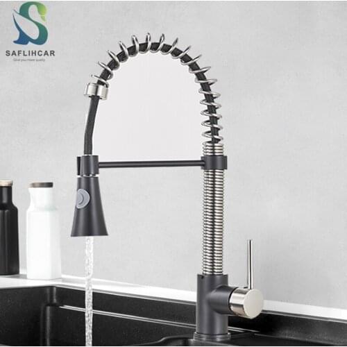 Black Spring Kitchen Sink Faucet Two Outlet Mode Hot and Cold Kitchen Faucet Deck Installation Kitchen Vanity Sink Faucet