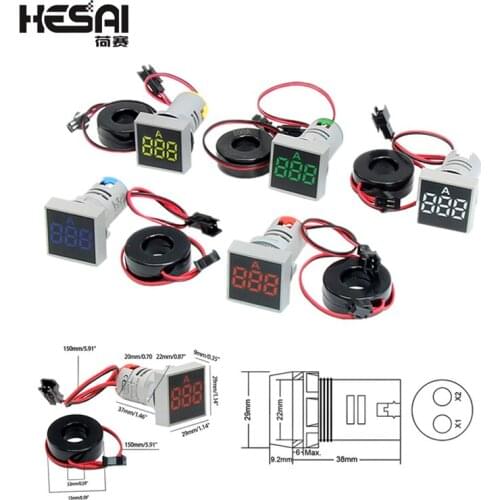 22MM 0-100A Digital Ammeter Current Meter Indicator Led Lamp Square Signal Light Red Yellow Green White Blue Digital