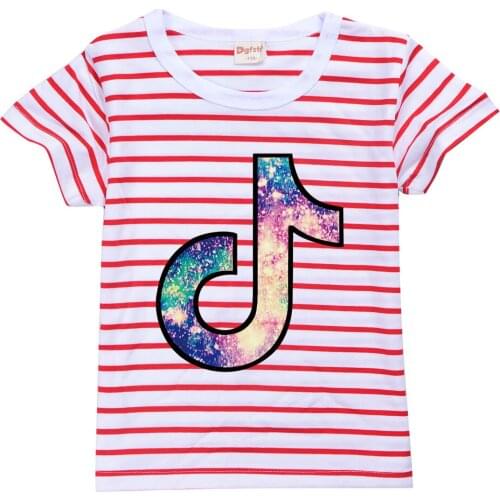 TIK TOK Summer Stripe Cotton T Shirt Kids Girls Cartoon Print Short Sleeve Tops Tees Baby Child Fashion Clothes