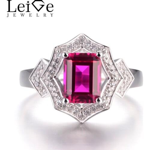 LeiGe Jewelry Ruby Silver Rings Proposal Rings Emerald Cut Red Stone Ring July Birthstone 925 Sterling Silver Romantic Gifts