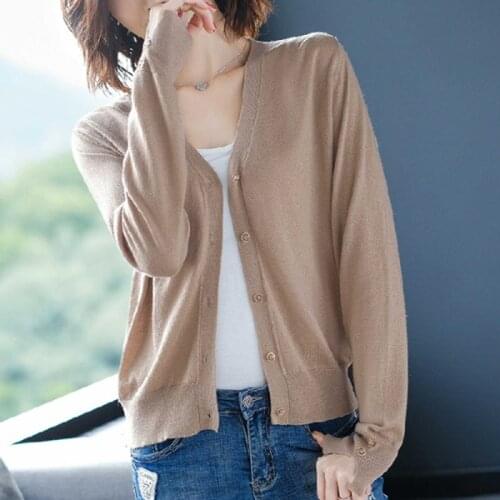 Womens Sweater Spring Summer 2020 Fashion Casual V-Neck Knitted Cardigans Single-breasted Long Sleeve Thin Cardigan