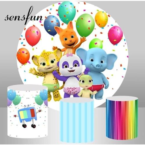 Round Circle Word Party Photography Backgrounds Cartoon Animals Tiger Elephant Kids Birthday Party Backdrop Photo Studio Custom