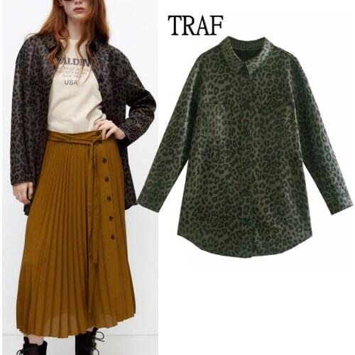 TRAF Za 2021 Women Shirt Oversize Women Jacket Fashion Animal Print Long Sleeve Woman Clothes Vintage Loose Female Outerwear Top