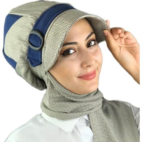 Islamic Fashion Muslim Ladies 2021 Trend Single Size Bathing Cap Beret Ready Shawl Scarf Buckle Hat Navy Horsehair Hijab Hat