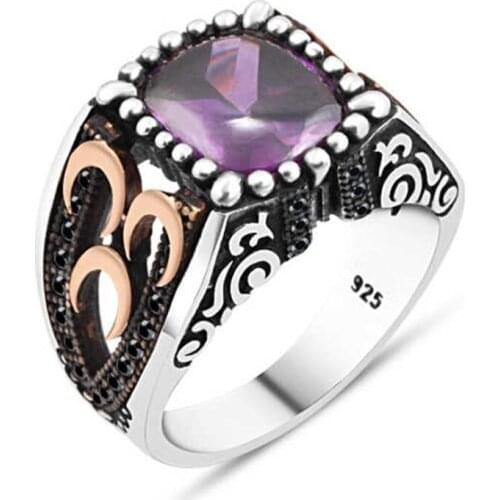 Amethyst Cubic Zirconia Three Hilalli Silver Men 'S Ring