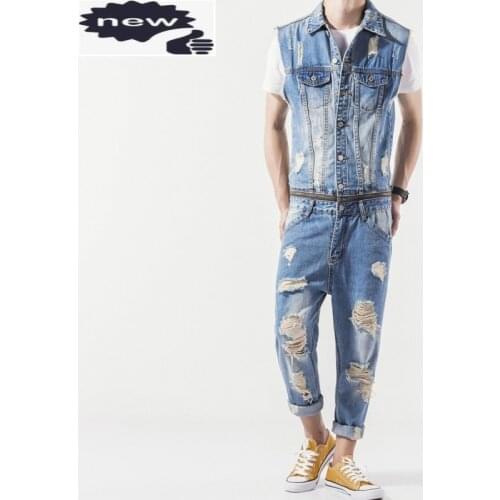 Mens Summer New Sleeveless Denim Jumpsuit Casual Cowboy Slim Fit Hole Ripped Romper Jeans Pants Male Zip One Piece Bib Overalls