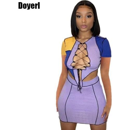 Lace Up Bandage Sexy Two Piece Set Women Summer Party Club Festival Outfit Slim Short Sleeve Crop Top and Skirt Co Ord Set