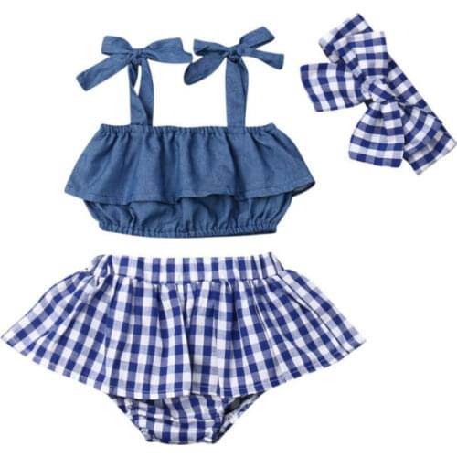 0-3Y Toddler Baby Girls Clothing Set Blue Plaid Ruffles Shorts + Bow Vest Tops Outfits Summer Baby Girl Costumes