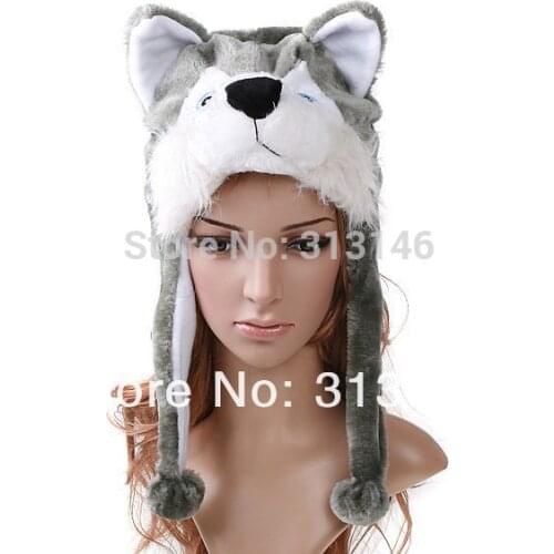 Plush Animal Husky Wolf Cartoon Earmuff Fuzzy Beanie Hat Winter Adult Women Mens Children Kids Costume Warm Fluffy Cosplay Cap