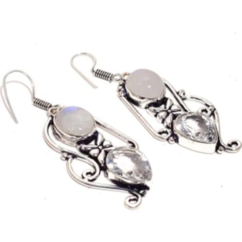 Rainbow Moonstone + White Topas Silver Overlay on Copper Earrings, 61 mm , E4321