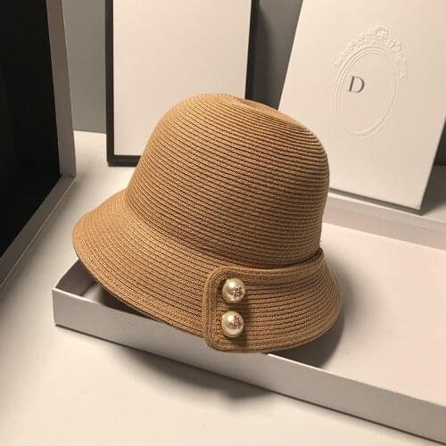 Summer Sunshade French Style Big Eaves Dome Straw Hat Pearl Fashion Casual Women Basin Hat New Beach Hat Panama Fisherman Hat