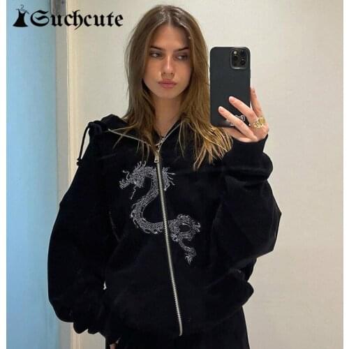 SUCHCUTE Streetwear Hoodie Chinese Dragon Print Zip Up Long Sleeve Casual Fashion Hooded Sweatshirt Autumn Punk Style 90s Gothic