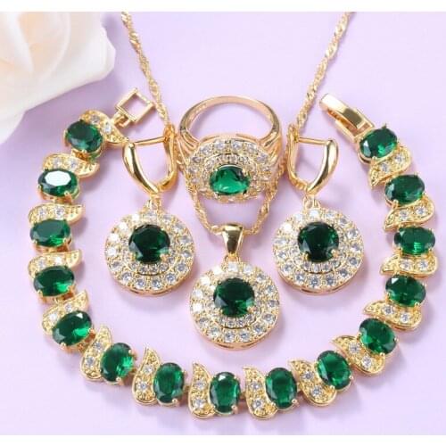 Top Quality Round Green Cubic Zirconia Wedding Jewelry Sets African Costume Necklace And Earrings Bracelet Ring Sets Women Gift