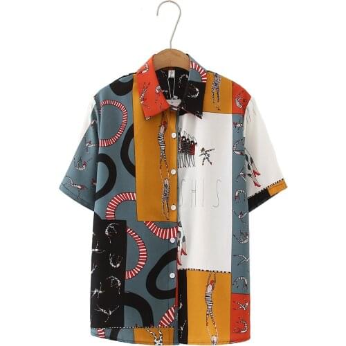 2021 Summer Woman Color Block Cartoon Puppet Circular Print Loose Short-Sleeved Shirt
