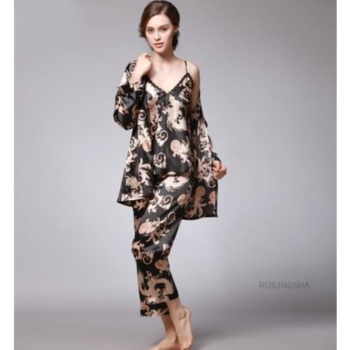 Women Summer Satin Silk Pajama Sets Plus Size Sexy Pijama Top Men Fashion Dragon Print Homewear Long Sleeve Pijama Sleep Tops
