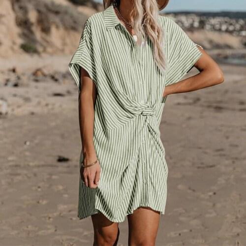 Summer Ladies Sexy Striped V-neck Loose Dress with Adjustable Waist Button All-match Style Fashionable New Item for Woman