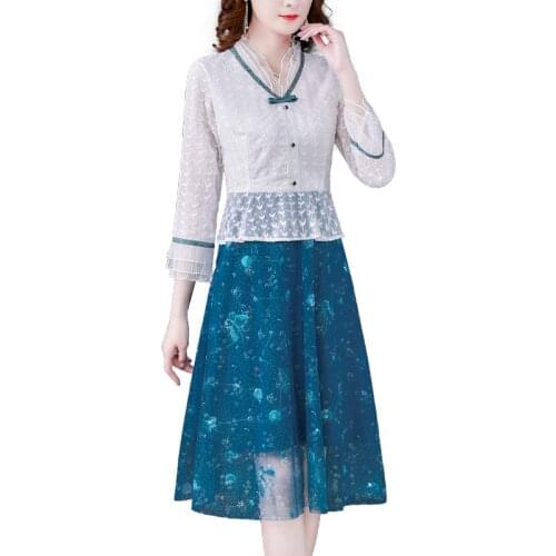 New Spring Autumn Women V-Neck Wrist Sleeve Slim Long Dress High Quality Jacquard Mesh Hem Patchwork Fake Two Piece Dress