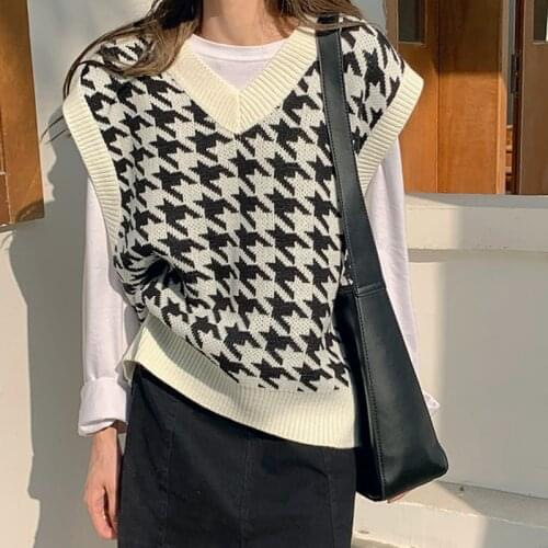 Houndstooth sweater Vest Womens Knitted Vest 2021 New Autumn and Winter Loose Korean Outdoor Sweater Waistcoat