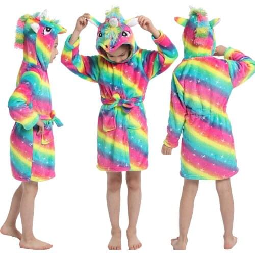 Winter Flannel Unicorn Hooded Children Bathrobes Girls Pyjamas Nightgown Kids Sleepwear Baby Rainbow Bath Robe Animal for Boys