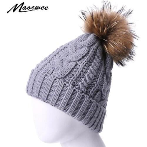 Winter Warm Knitted Hat Beanies With Real Fur Pompon Outdoor Thick Skullies Beanies With Lining Hat For Women Solid Bonnet Hats