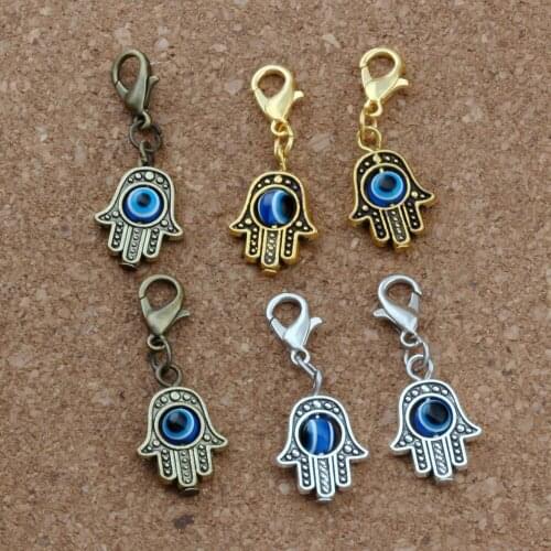 120pcs Hamsa Hand Blue Eye Bead Kabbalah Good Luck Clasp European Lobster Trigger Clip On 12.8x32.2mm A-372b