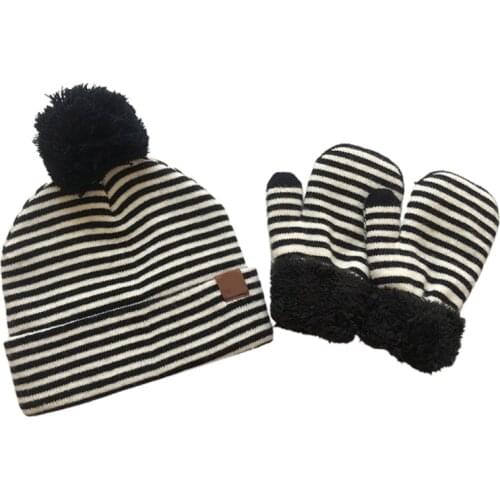 2pcs Infant Baby Striped Wool Beanie Hat Gloves Mitten Set Fake Ball Pom Pom Cap
